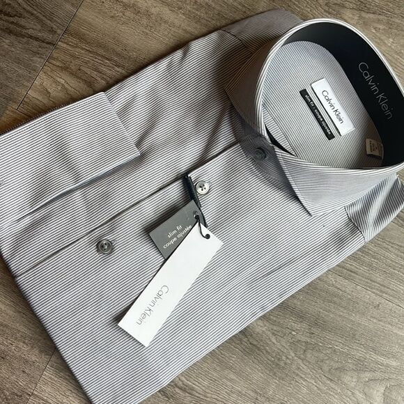 Calvin Klein Slim-fit Mixed-stripe French Cuff Dress Shirt-charcoal-16-34/35 - Picture 2 of 3